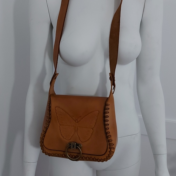 Vintage Handbags - Vintage Genuine Tooled Leather Butterfly Novelty Fairycore crossbody Bag Purse